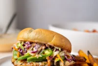 Juicy Sweet Chili Ground Chicken Burgers and Crisp Sesame Slaw