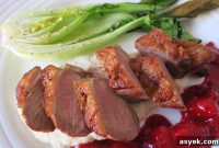 Duck Breast with Plum Compote, Pak Choi and Celeriac Puree