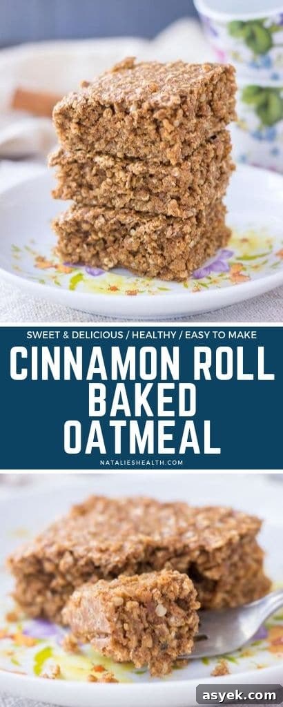 Cinnamon Roll Baked Oatmeal with Cream Cheese Glaze 8 Satisfy your sweet morning cravings in a healthy way with this delicious Cinnamon Roll Oatmeal Bake! It's perfect make-ahead breakfast for busy mornings.