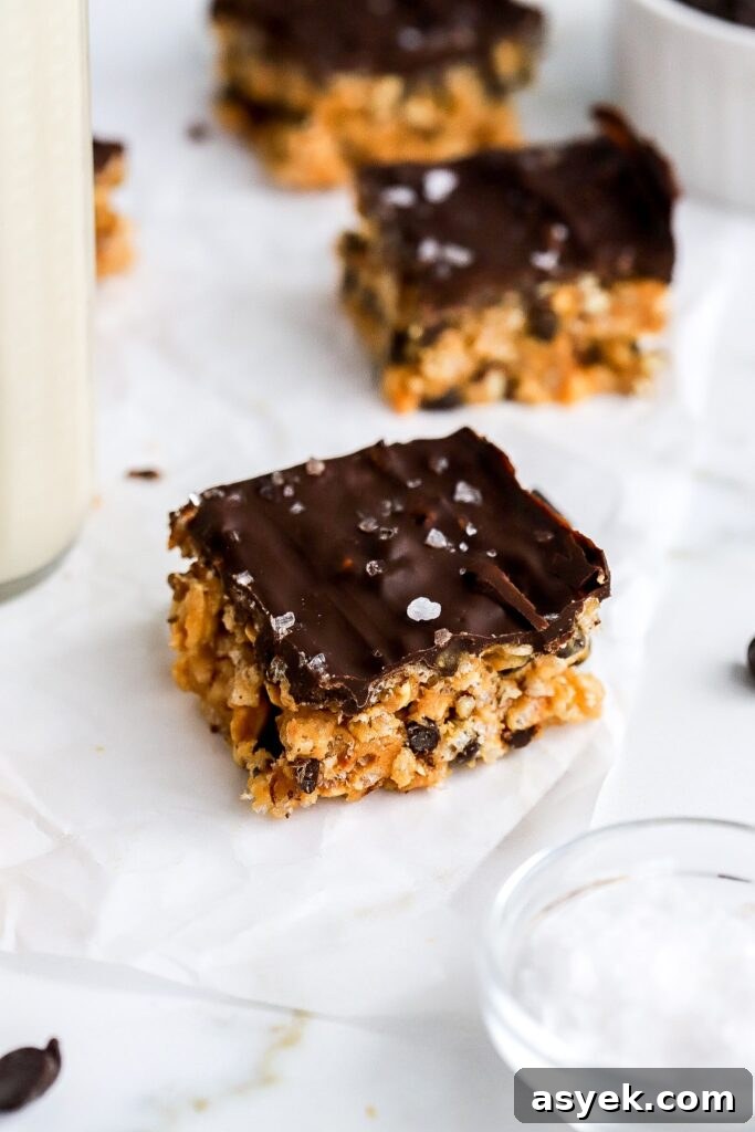 chocolate peanut butter rice krispie bars with flaky sea salt
