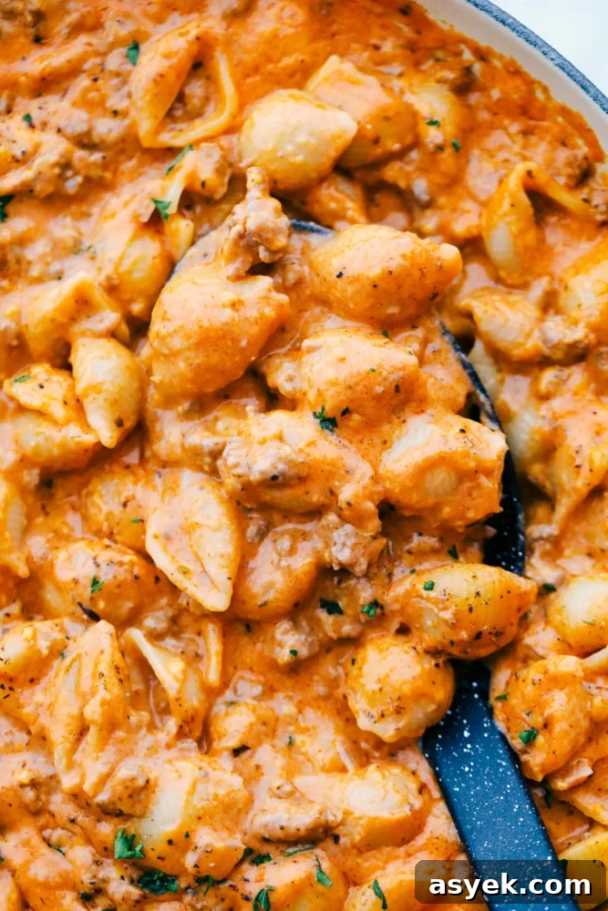 Cheesy beef and shells in a skillet with a ladle stirring them up. 