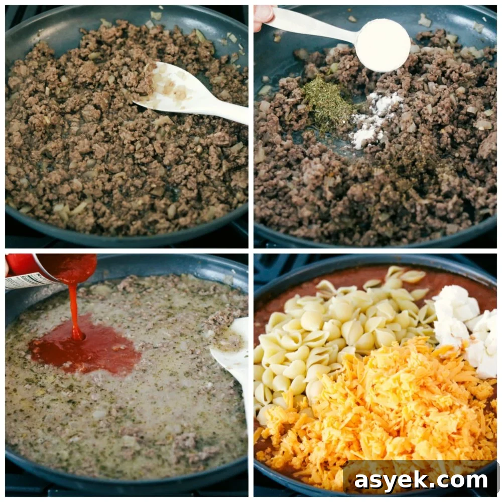 The process of browning beef then adding in seasoning, pasta, cream cheese and cheese. 