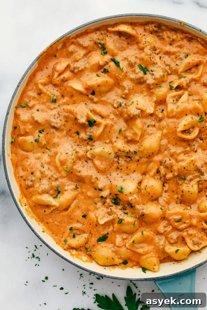 Cheesy beef and shells in a skillet cooked together. 