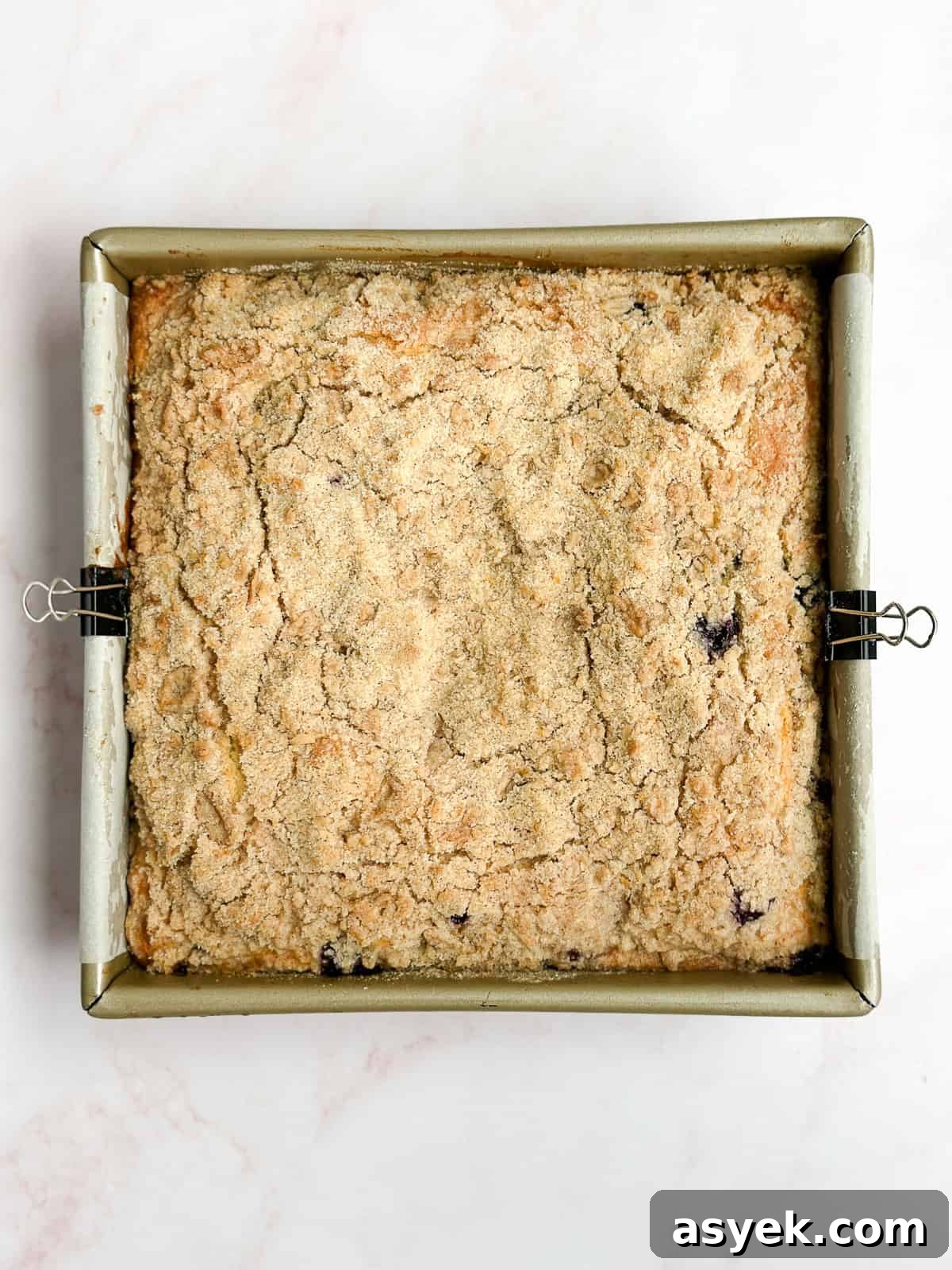 crumb cake in the pan right after baking.