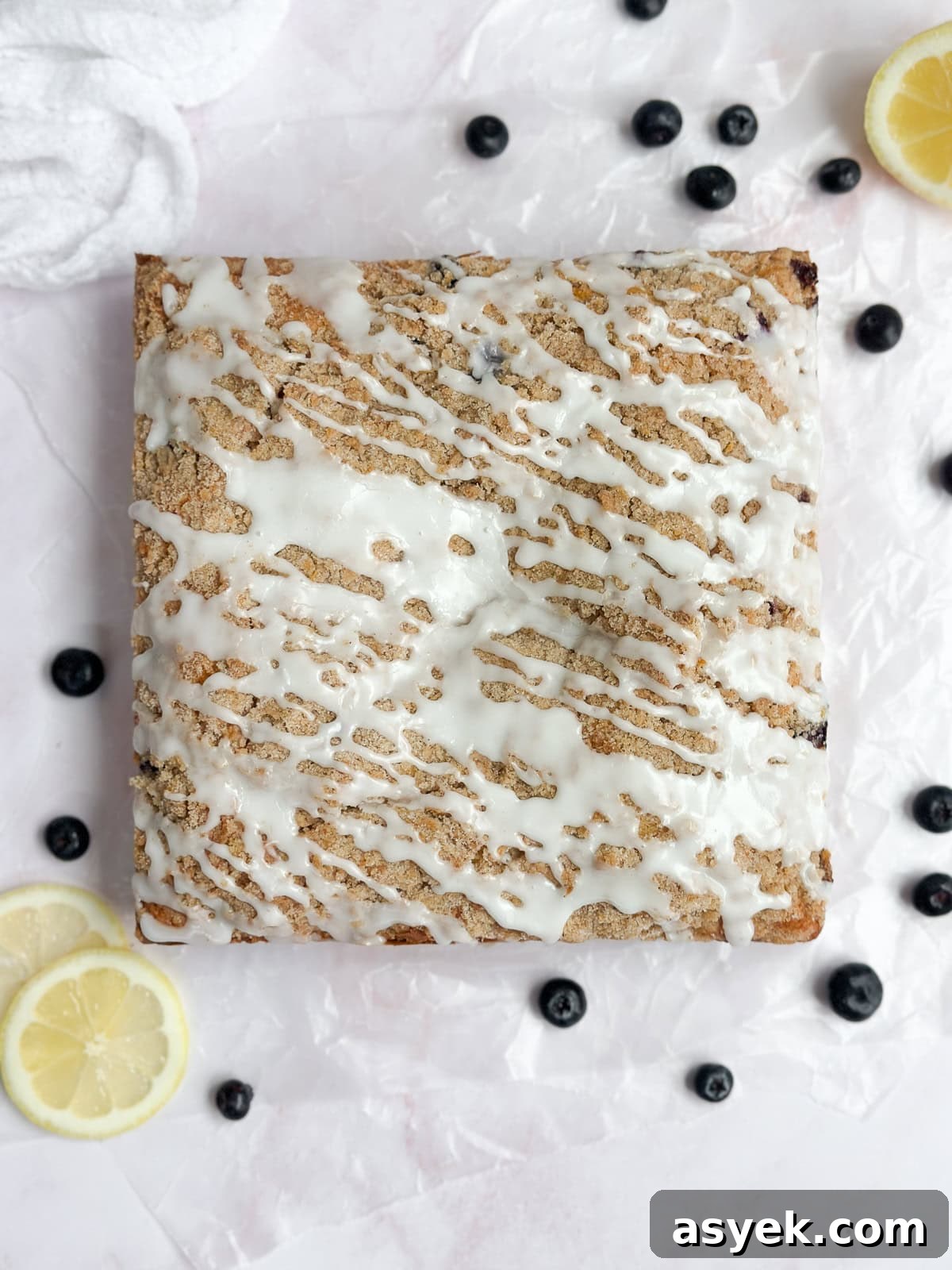 blueberry lemon crumb cake with the lemon glaze. All ready to serve!