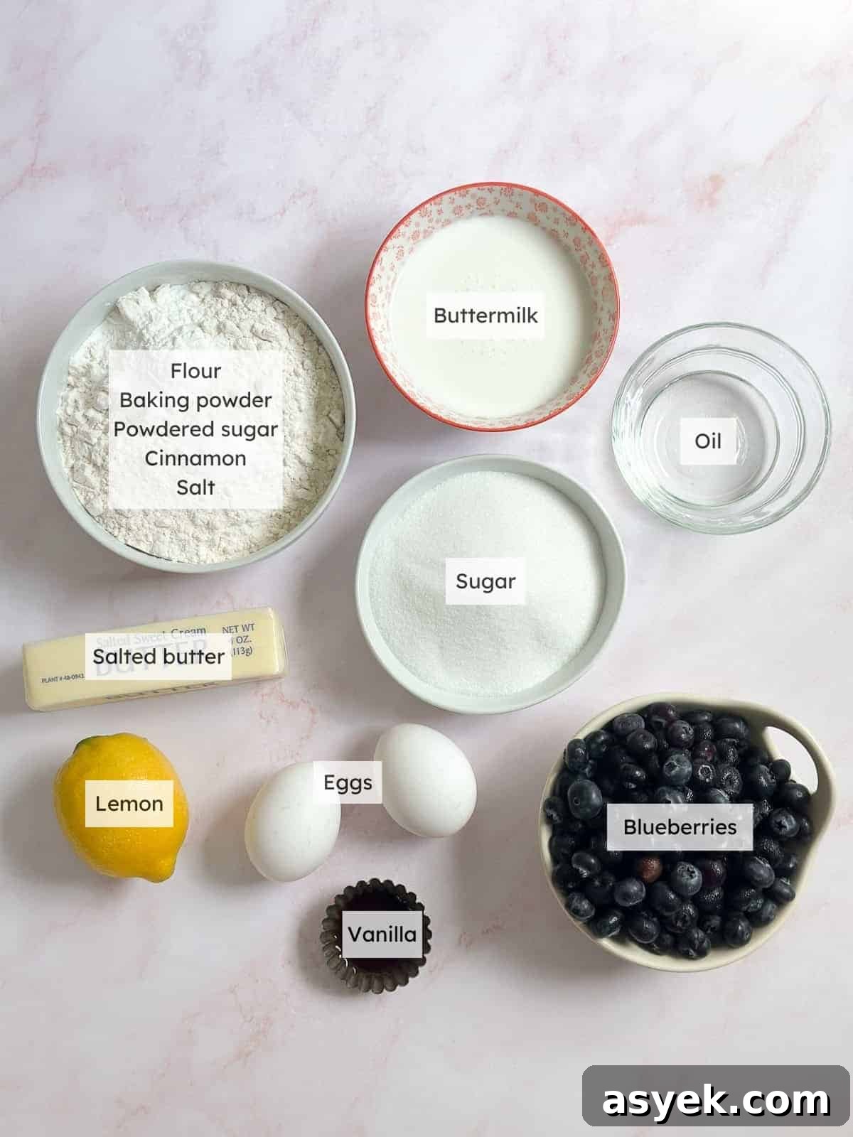 All the ingredients needed to make blueberry lemon crumb cake.