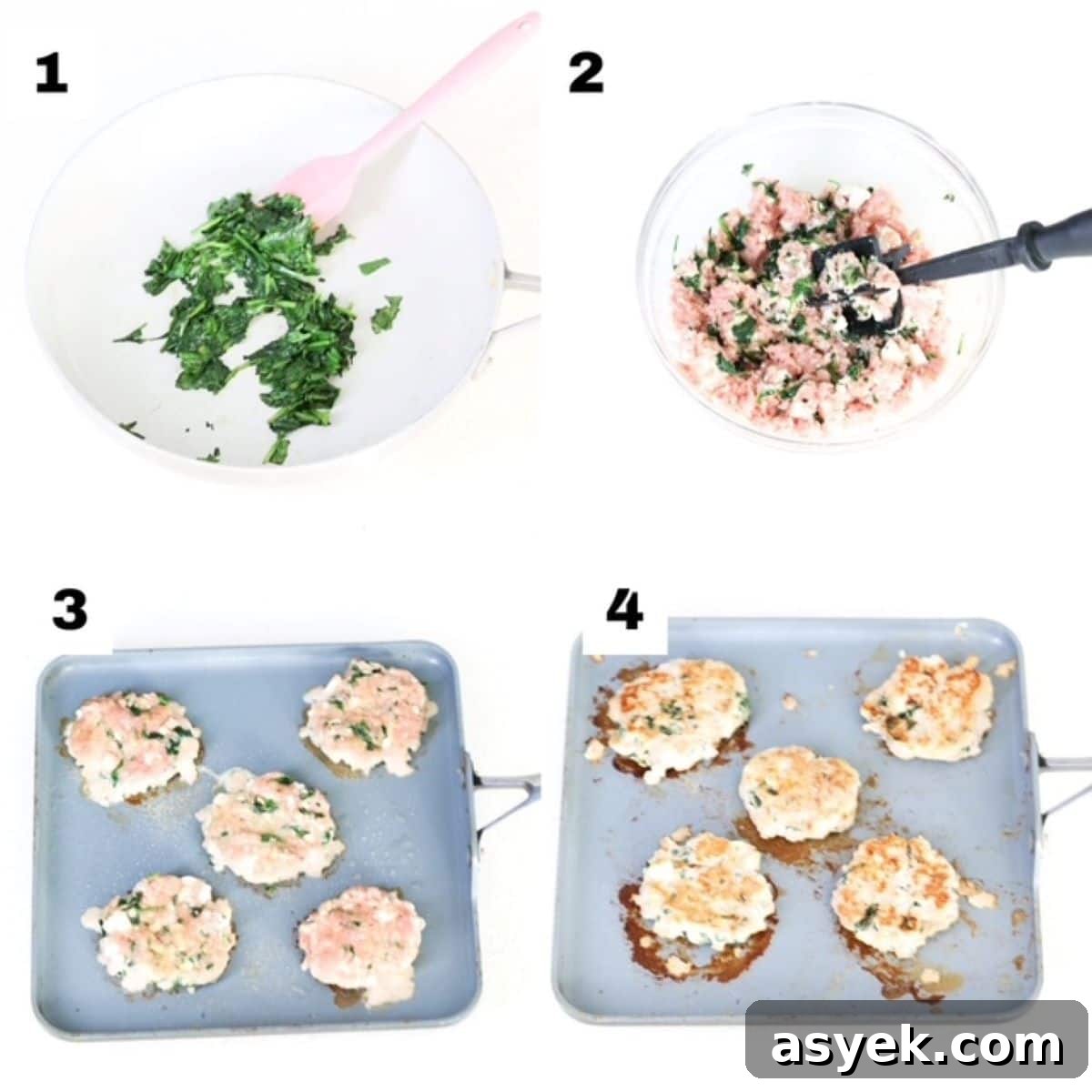 Four numbered images showing how to make spinach and feta turkey burgers.