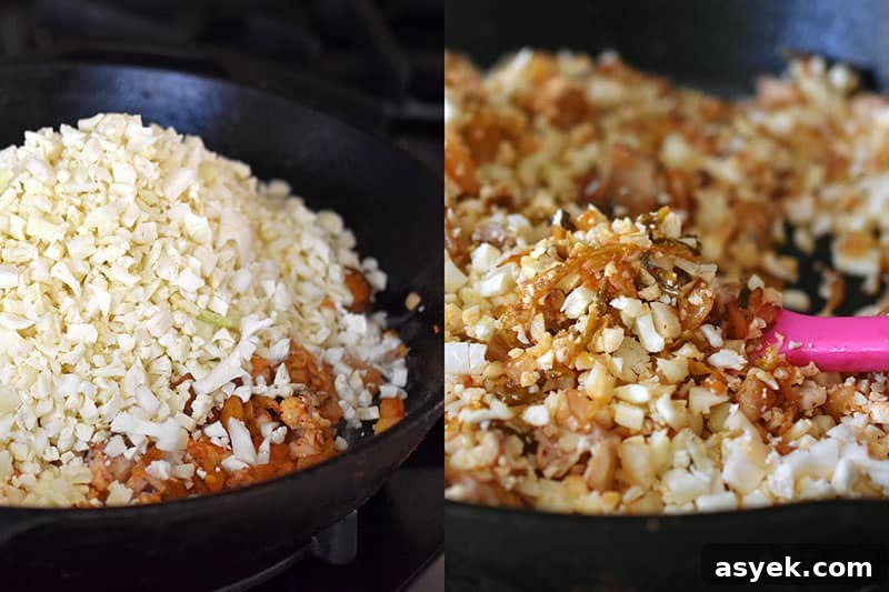Whole30 Cauliflower Rice Recipes for Every Meal 6 Two photos showing how to fry Kimchi Fried Cauliflower Rice in a large cast iron skillet.