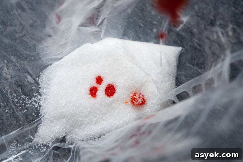 Drops of orange food colouring being added to white sugar in a food bag