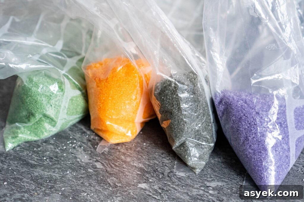 Four clear food bags with green, orange, black and purple sugar inside them