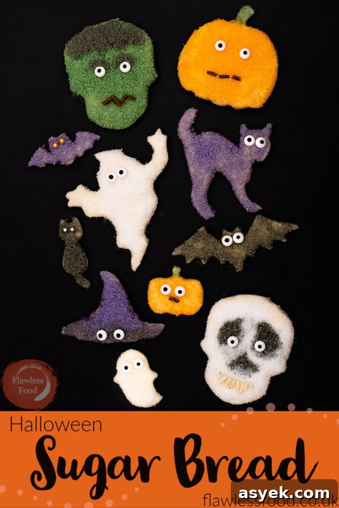 Pin image of our Halloween Sugar Bread cut outs shaped like a skull, pumpkin cat, ghost, bat, Frankenstein and a witches hat