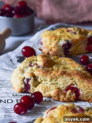 Festive Eggnog White Russian Cocktail Recipe 11 Angled view of cranberry orange scones on a cooling rack with scattered cranberries.