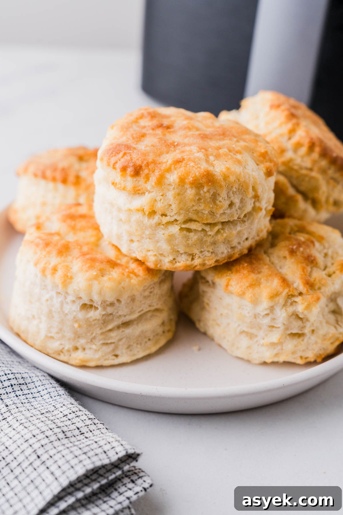 Buttery Air Fryer Biscuits in 15 Minutes 2 air fryer biscuits on a plate with white background.