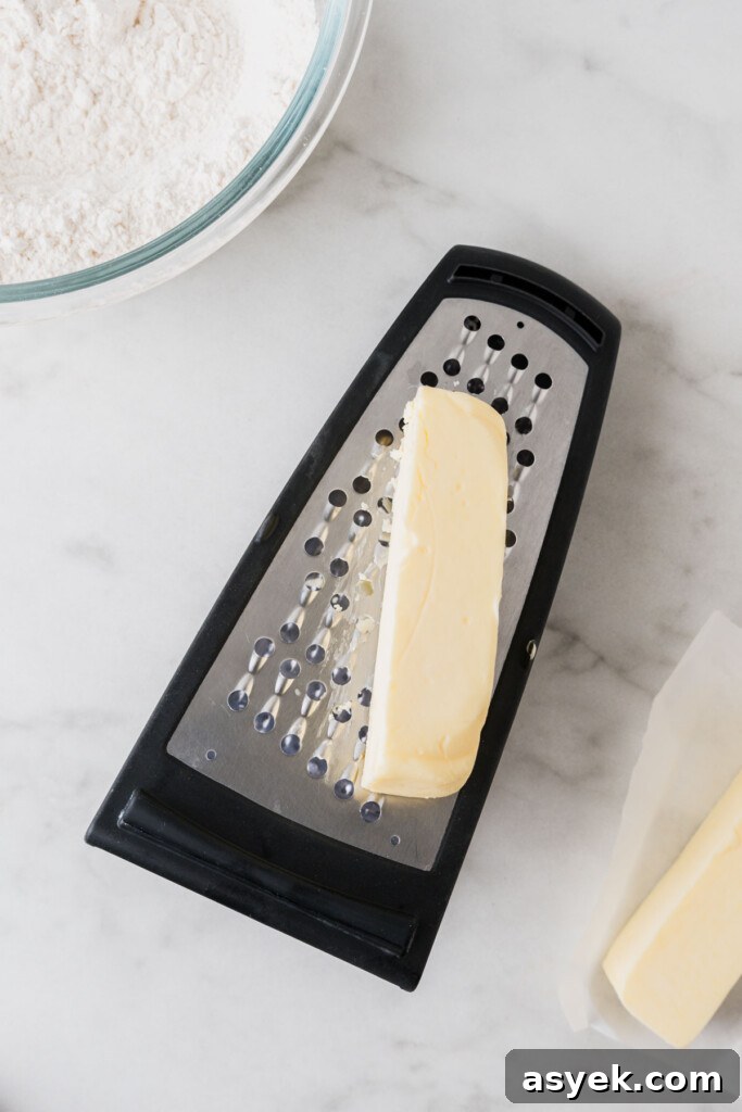 Buttery Air Fryer Biscuits in 15 Minutes 5 cold butter on grater on a white background.