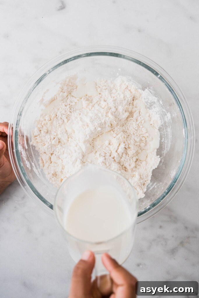Buttery Air Fryer Biscuits in 15 Minutes 7 adding milk to the flour mix in the bowl.