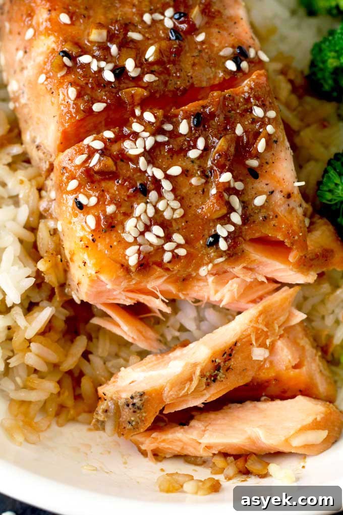 Oven-Baked Honey Ginger Glazed Salmon Recipe 3 Oven Baked Salmon on a bed of rice.