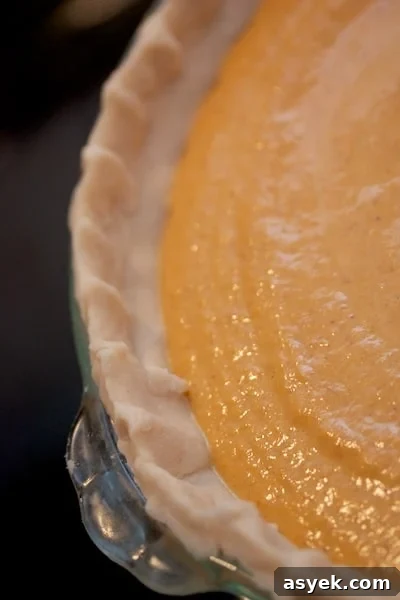 Classic Flaky Pie Crust Recipe 3 Close-up of unbaked pumpkin pie in a pie plate.