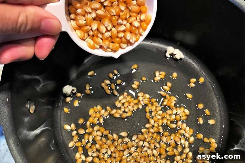 Horizontal image of a hand pouring kernels into a pot with oil and more kernels.