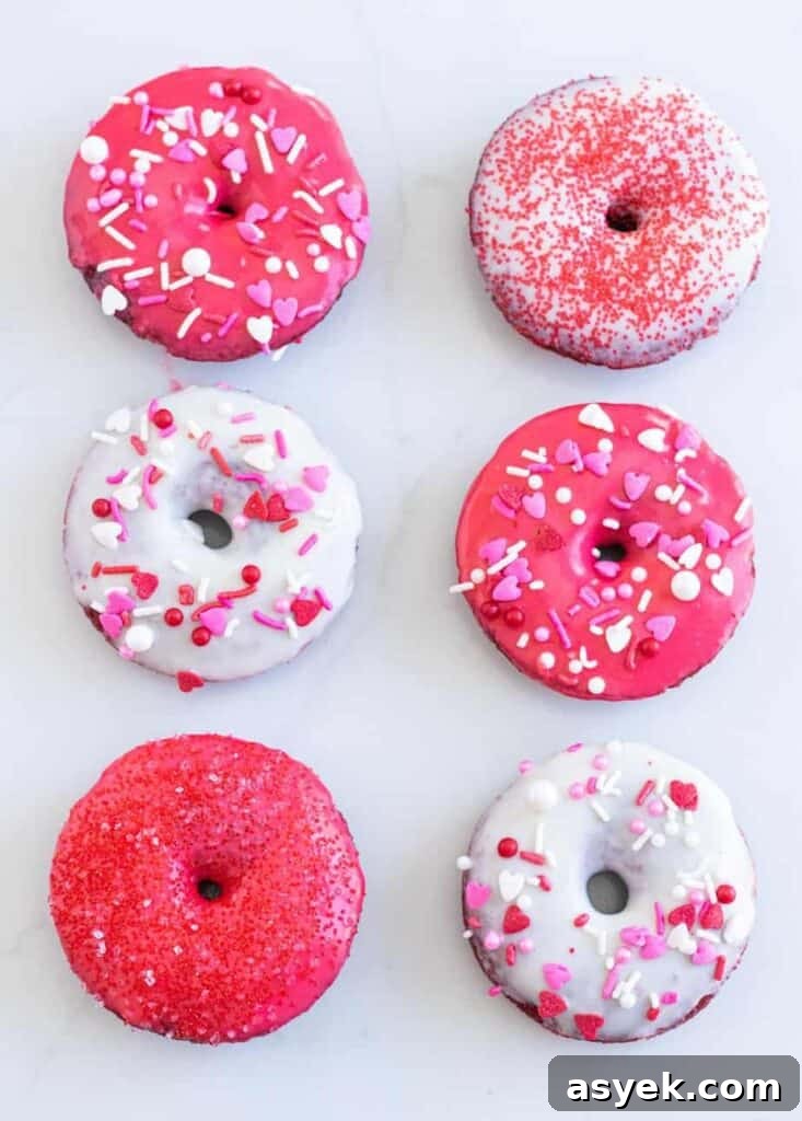 Homemade Red Velvet Baked Donuts with Cream Cheese Glaze 2 pink, red and white donuts
