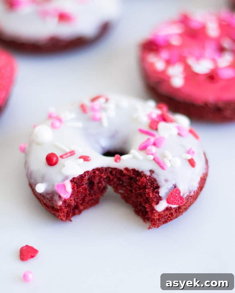 Homemade Red Velvet Baked Donuts with Cream Cheese Glaze 5 bite out of a red donut