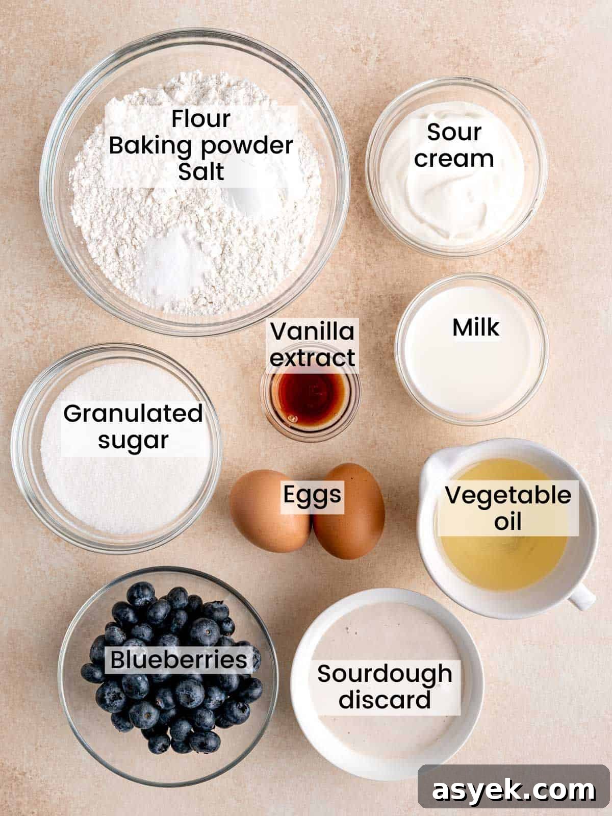 Ingredients needed to make blueberry sourdough discard muffins.