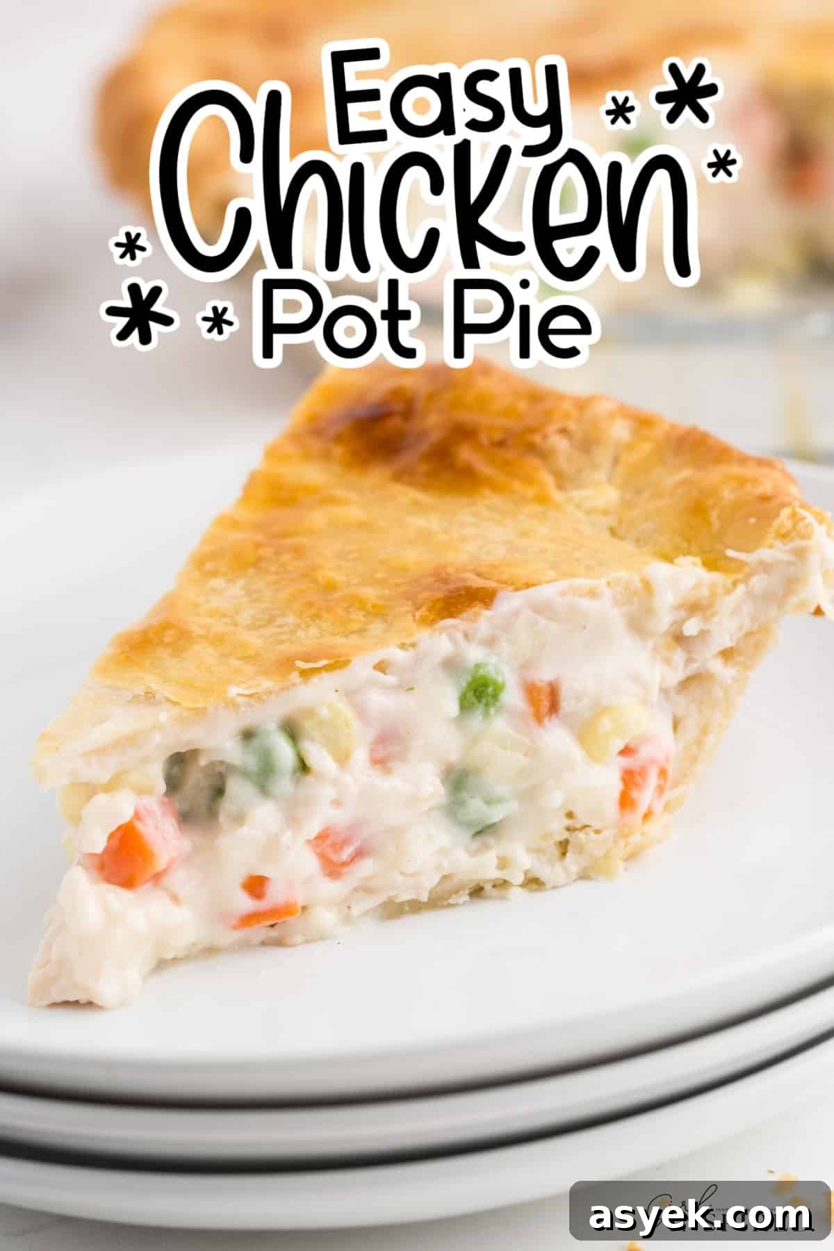 A serving of creamy chicken pot pie on plates with text overlay.