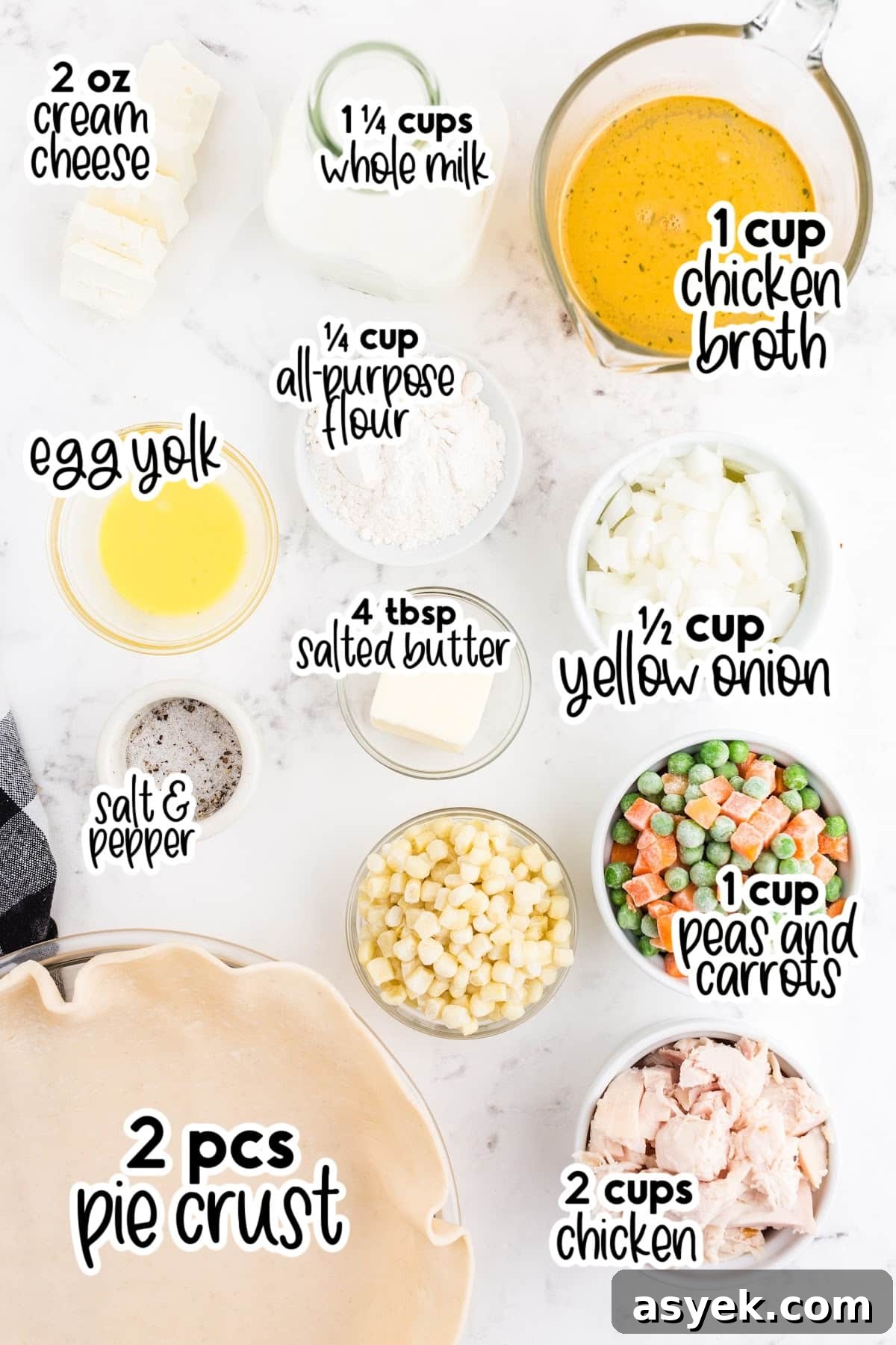 Ingredients labeled to make homemade creamy chicken pot pie.