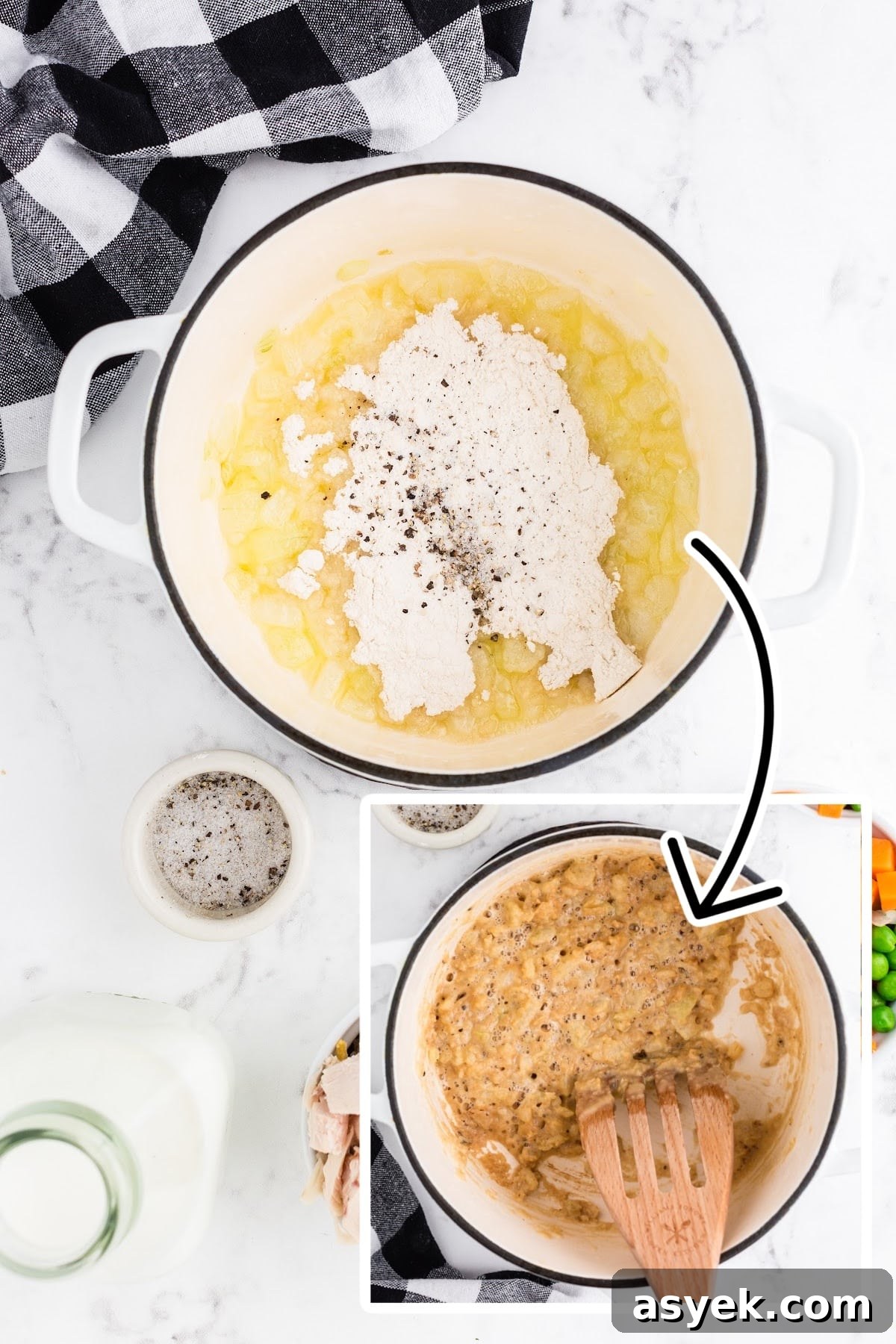 Mixing the flour with melted butter to thicken the filling.