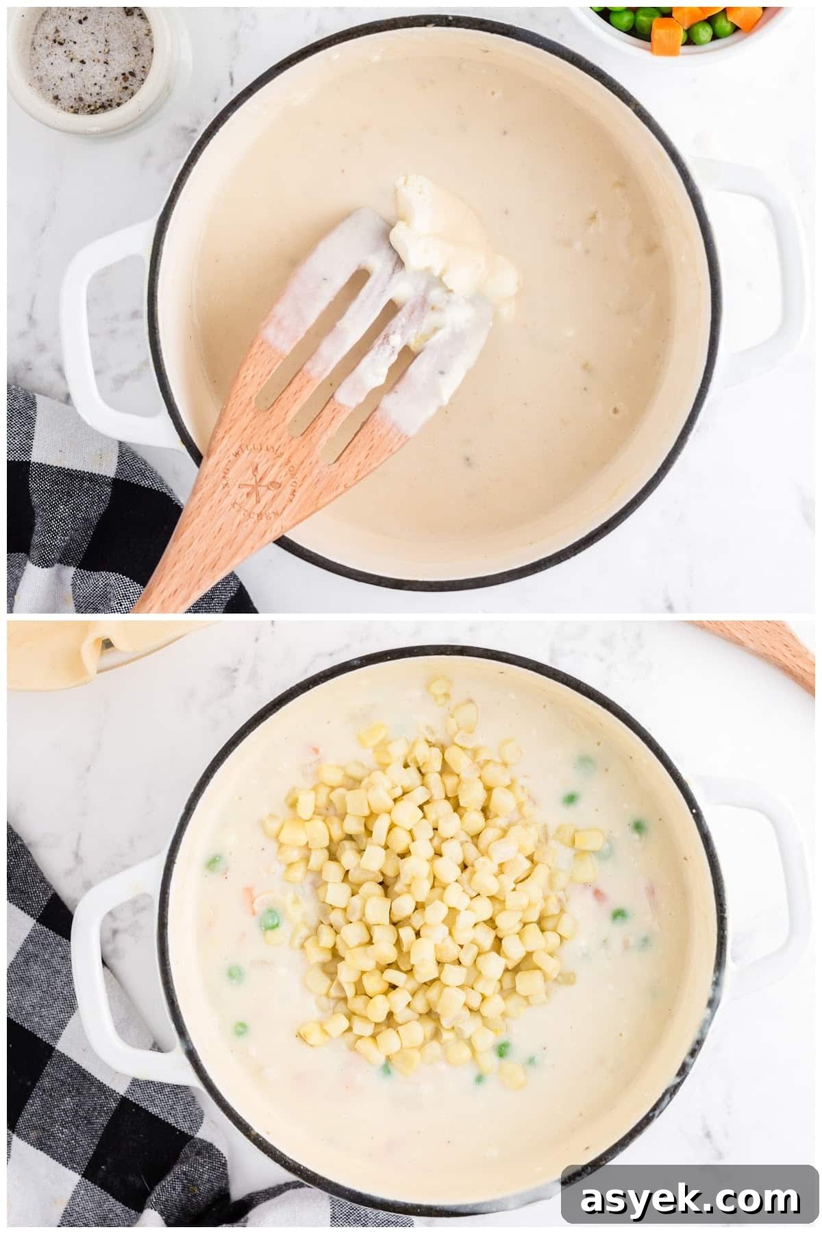Creamy chicken pot pie filling simmering in a pot.