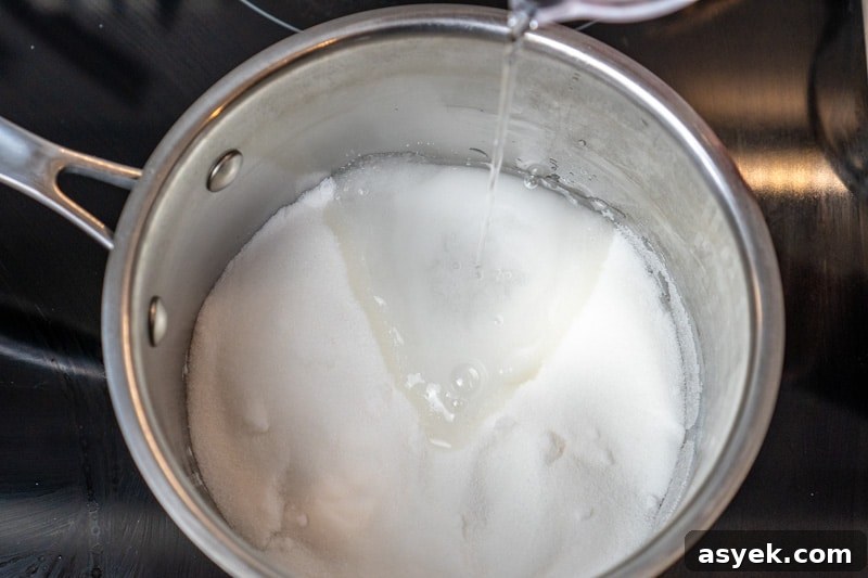 Adding water and sugar to a pot