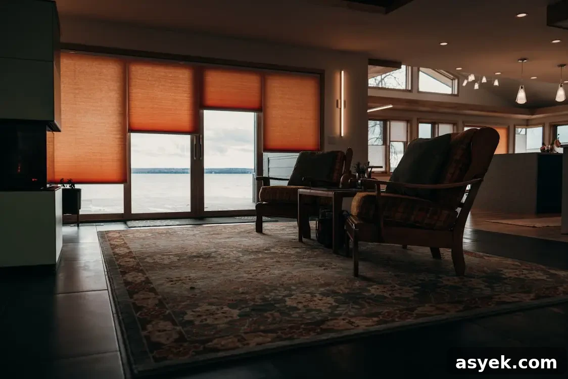 Window Treatments That Define Modern Interiors 2 Cozy living room with armchairs facing large windows covered by orange blinds