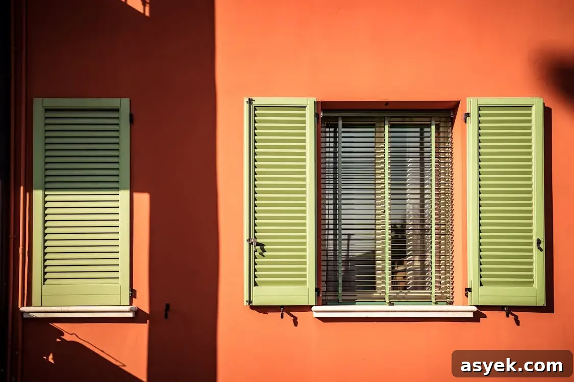 Window Treatments That Define Modern Interiors 5 Green window shutters on bright orange wall with sunlight casting shadows