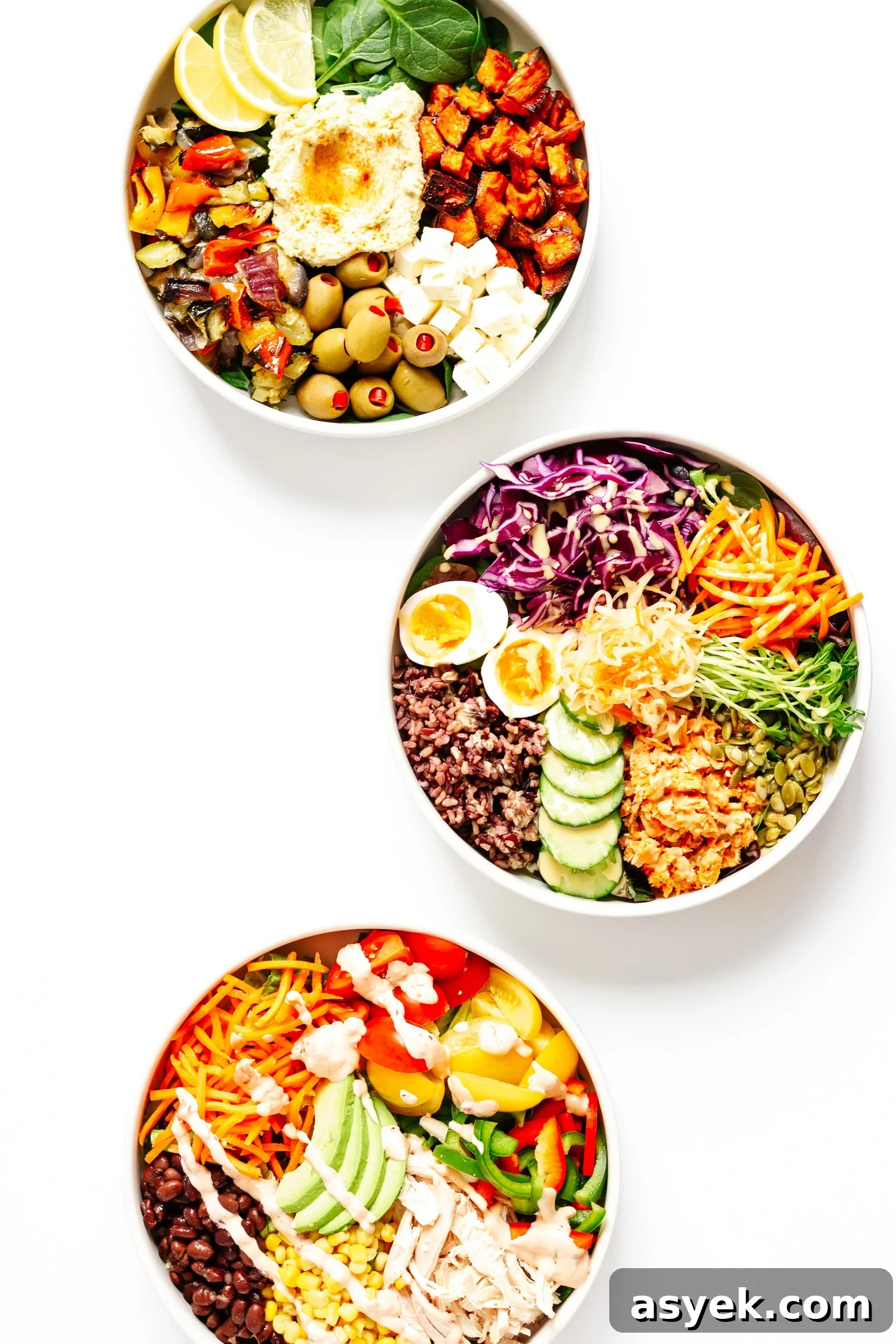 Three different healthy nourish bowls arranged in a curve on a white background.