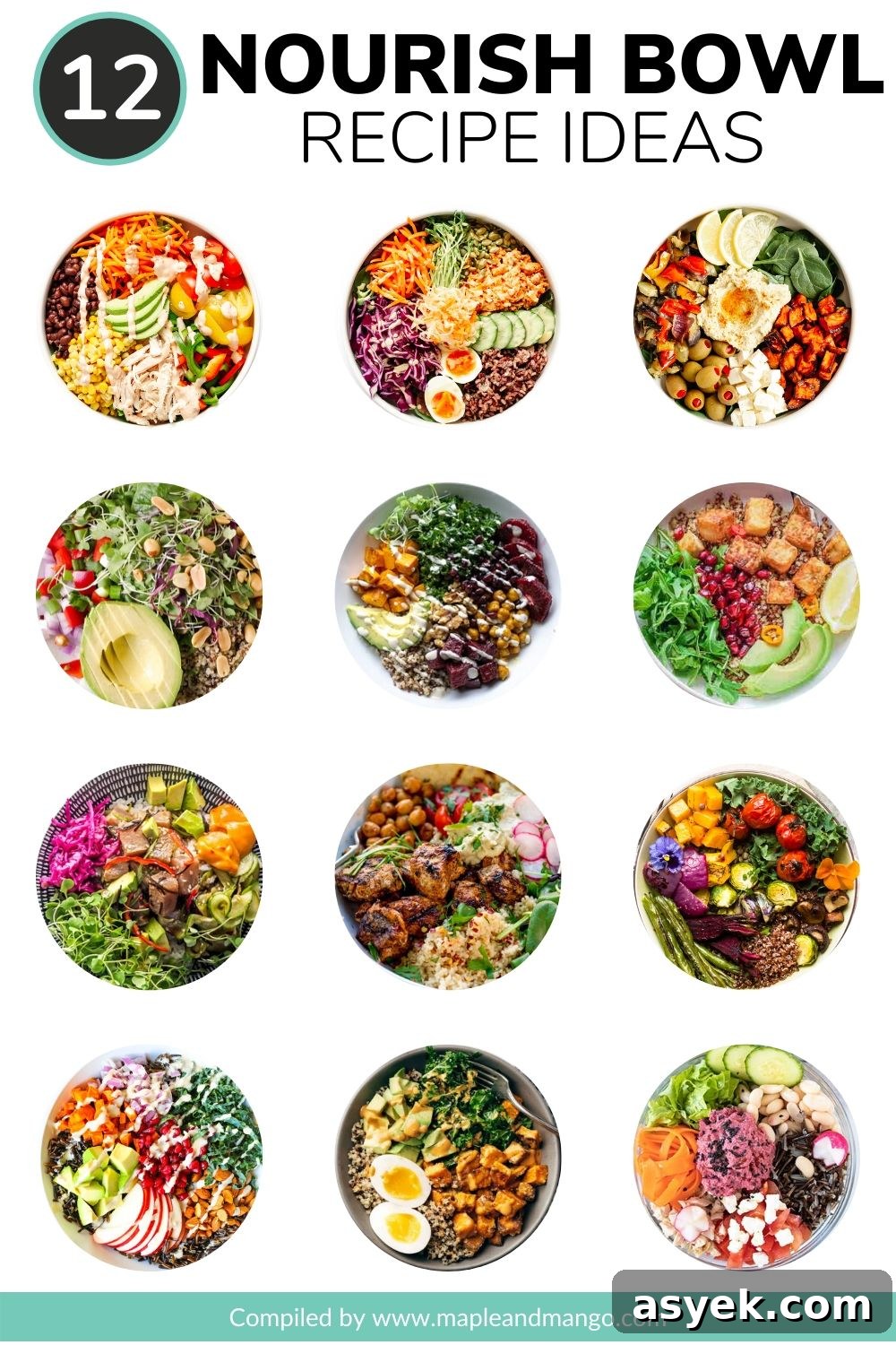 Collage of 12 different healthy nourish bowl recipe ideas.