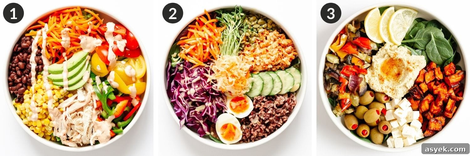 Collage of 3 different healthy bowl ideas.