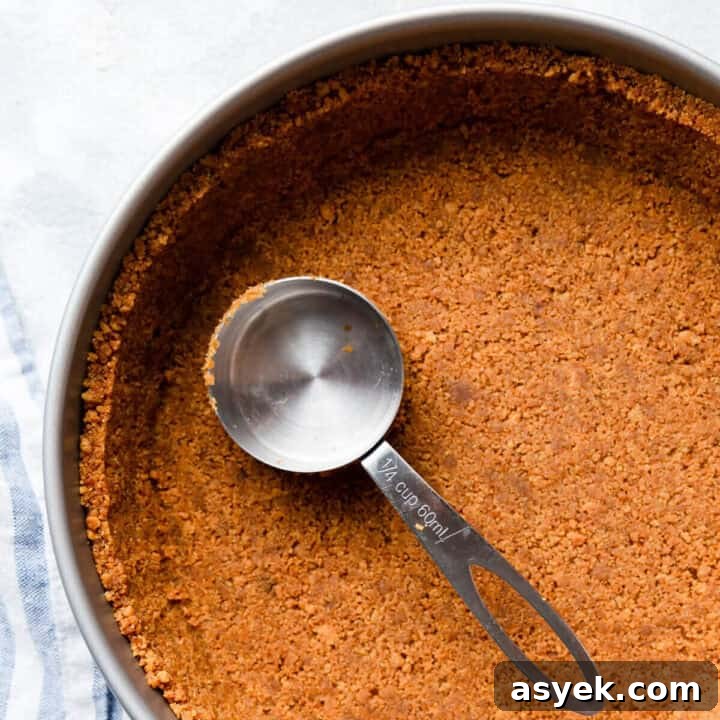 Creamy No-Bake Pumpkin Cheesecake Recipe 6 top view close up of a round baking pan with biscuit crust inside