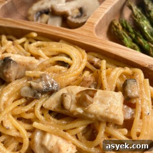 Creamy Garlic Mushroom Chicken Skillet 7 Creamy mushroom chicken tossed with pasta noodles.