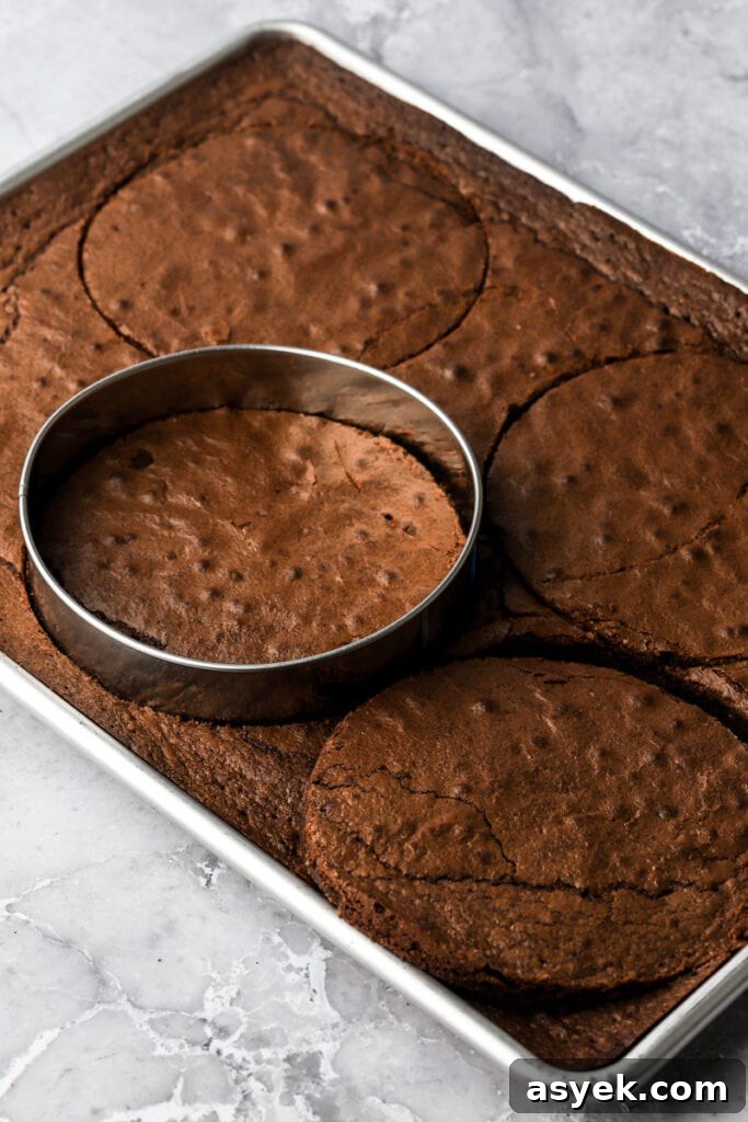 Fudgy Chocolate Brownie Cake Recipe 10 baked brownies getting cut with a 6 inch round cutter