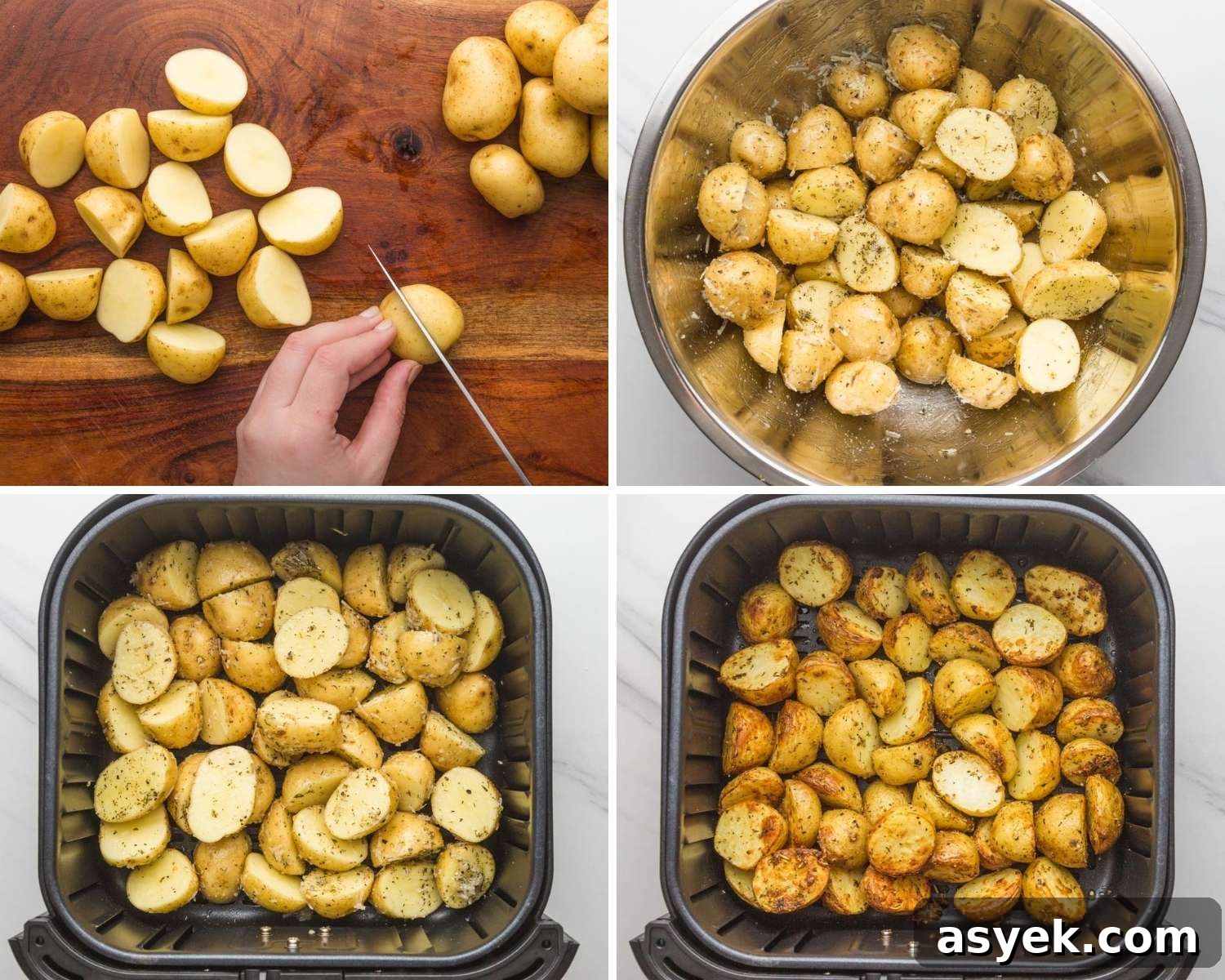 Crispy Air Fryer Roasted Potatoes 5 Collage of four images showing how to cut potatoes, season them and air fry.