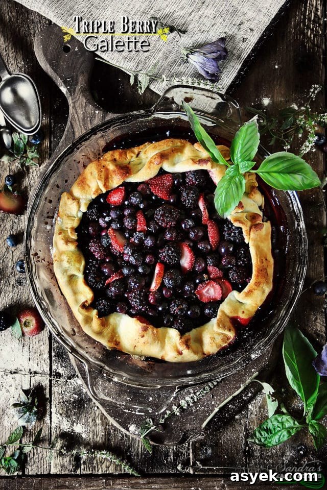 Triple berry galette on a plate