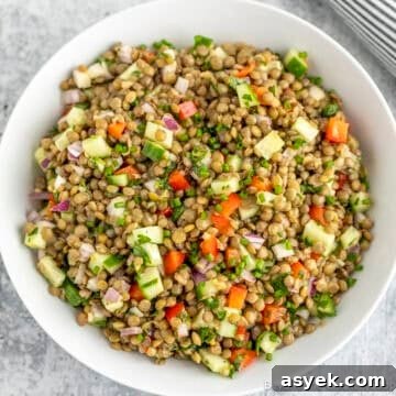Lentil Salad in a white bowl.