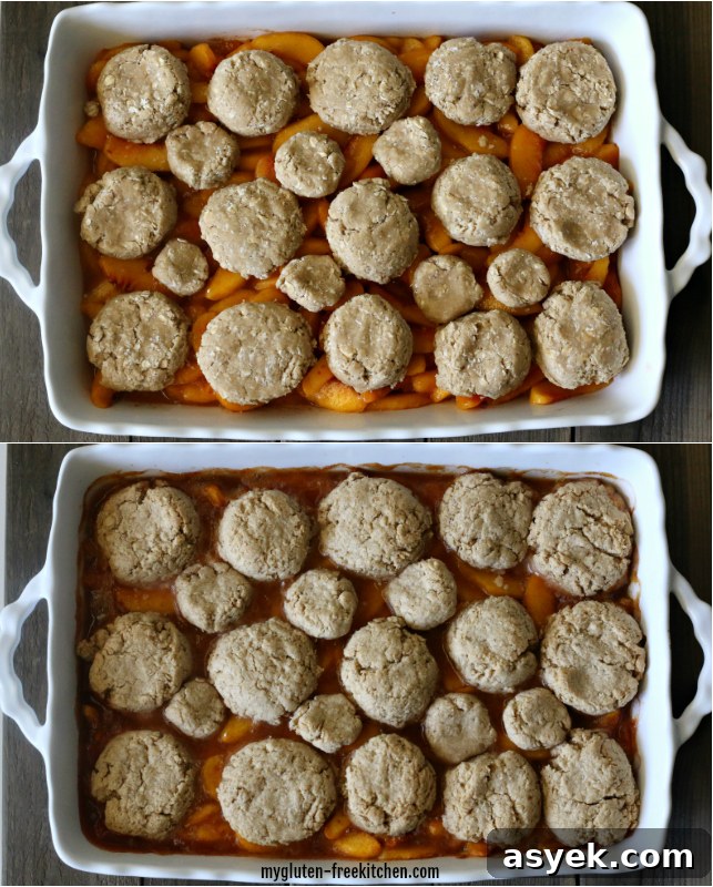 Gluten-Free Peach Oatmeal Cookie Crisp Recipe, Dairy-Free 4 Before and after baking gluten-free peach oatmeal crisp