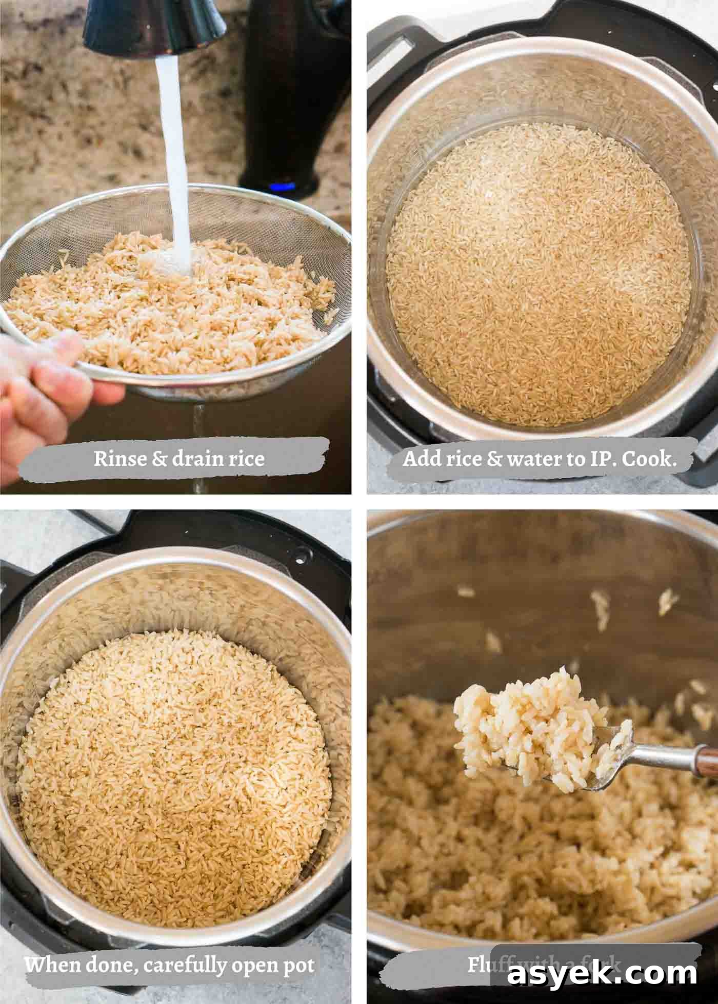 Fluffy Instant Pot Brown Rice in 20 Minutes 5 process images of making brown rice in instant pot