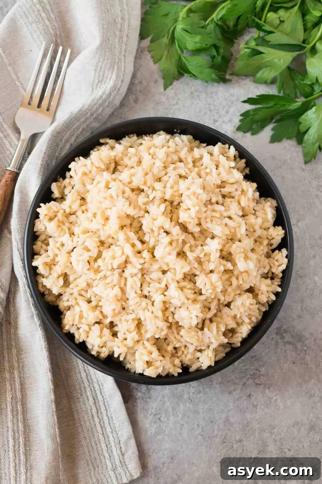 Fluffy Instant Pot Brown Rice in 20 Minutes 7 picture from above of cooked rice in a bowl
