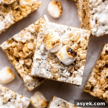 Brown Butter Peach Crumble Bars Recipe 14 Toasted marshmallow rice krispie treats cut and stacked.