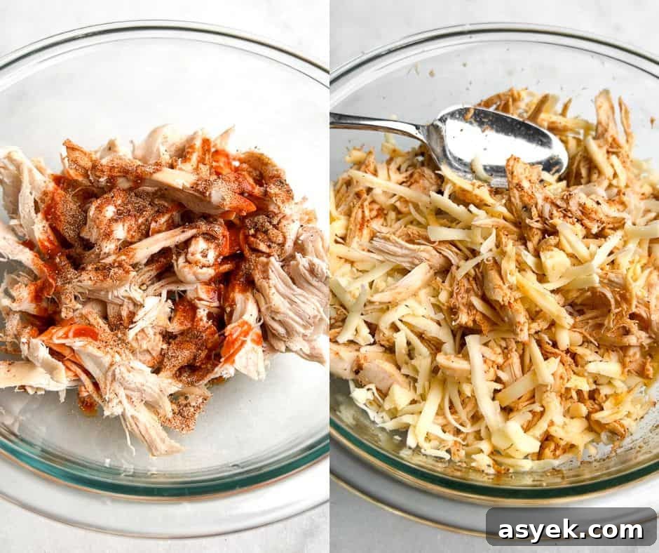 shredded chicken, seasonings, and cheese in a bowl