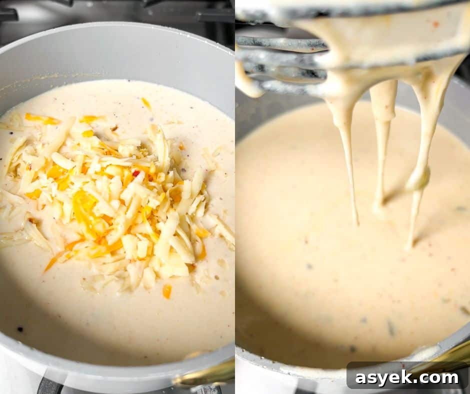 adding cheese to the white enchilada sauce.