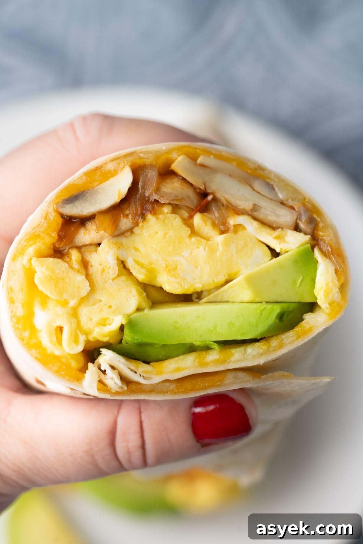 Vegetarian Breakfast Burrito Recipe with Avocado and Fresh Salsa 10 Holding a vegetarian breakfast burrito up to the camera.