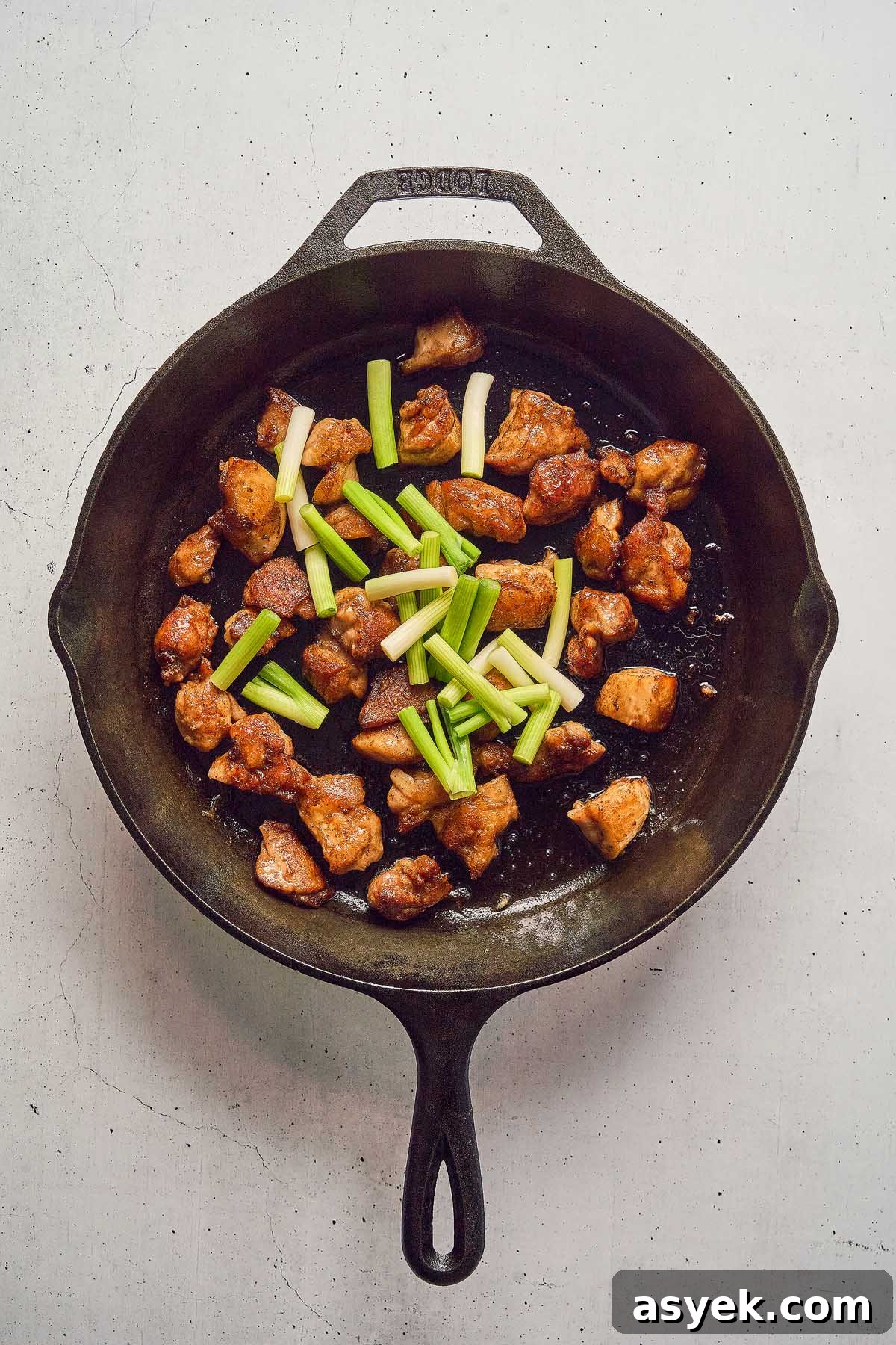 A cast iron skillet showcases a Five Spice Chicken Stir Fry featuring cooked diced chicken and fresh green onion pieces, all elegantly set against a white background.