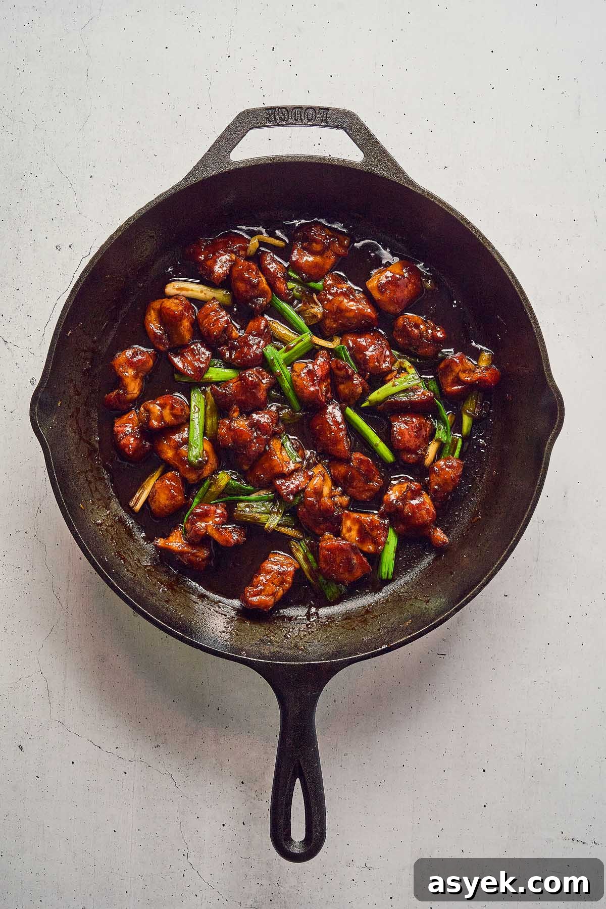 A cast iron skillet holds a delectable Five Spice Chicken Stir Fry, featuring tender chunks of meat and green onions coated in a rich, dark sauce, all resting atop a light surface.